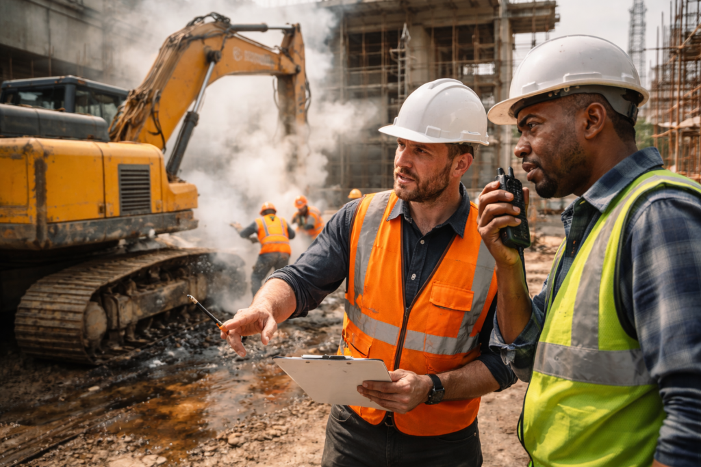 Supervisores usam rádio ao avaliar escavadeira com falha hidráulica enquanto equipe isola a área do canteiro