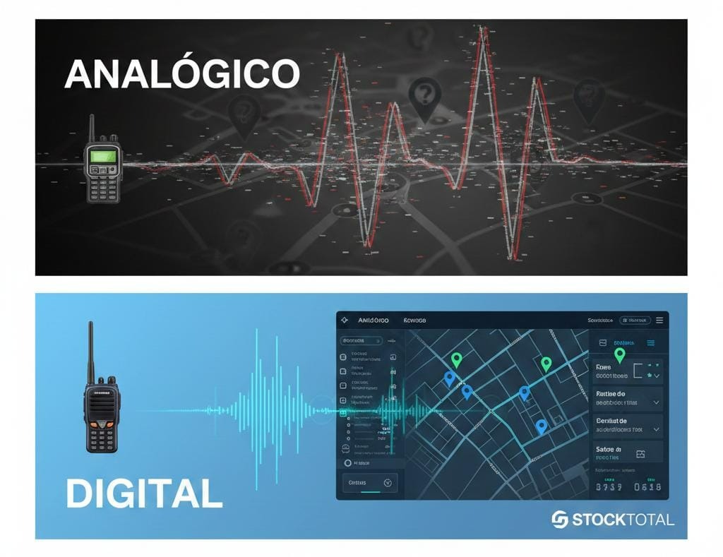 Comparativo entre sinal analógico com ruído e sinal digital limpo, destacando funções de GPS e telemetria em rádios HT.