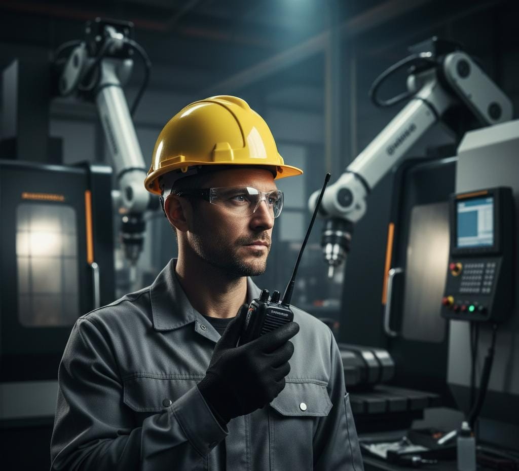 Técnico com capacete e óculos de proteção utiliza rádio comunicador Motorola R2 em ambiente de operação industrial.