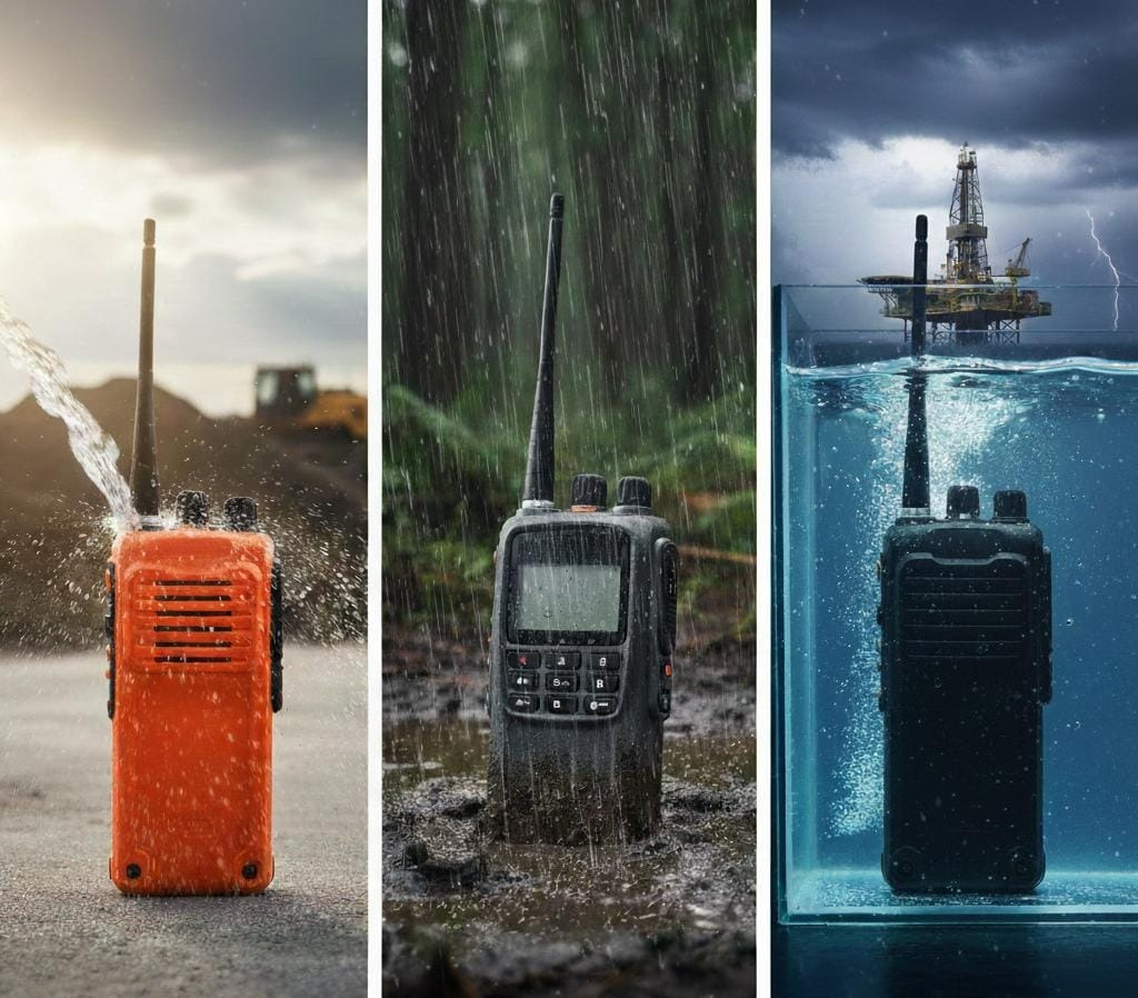 Três rádios comunicadores em ambientes distintos, ilustrando as classificações IP55, IP67 e IP68 para proteção contra água e poeira.