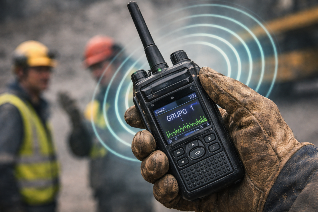 Rádio comunicador digital em uso em ambiente industrial, garantindo comunicação imediata mesmo com poeira e ruído