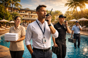 Equipe de hotel em alta temporada usando rádios comunicadores à beira da piscina para coordenação operacional
