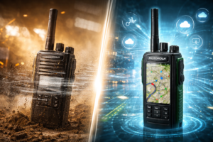 Comparação visual entre rádio analógico em ambiente industrial hostil e rádio digital com interface moderna e GPS