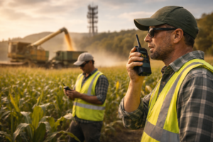 Trabalhadores no agronegócio usam rádio comunicador portátil em área extensa com apoio de infraestrutura de sinal