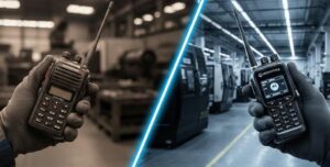Comparativo entre rádio analógico antigo e o Motorola R2 digital em ambiente industrial, destacando a evolução técnica