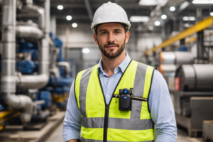 Técnico com colete refletivo, capacete e bodycam visível em ambiente industrial com tubulações e máquinas ao fundo