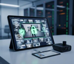 Tablet exibindo gestão de vídeos com ícones de cadeado e escudo, representando a proteção de dados e conformidade LGPD.