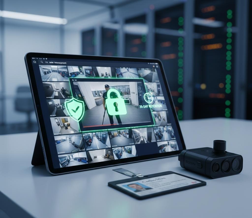 Tablet exibindo gestão de vídeos com ícones de cadeado e escudo, representando a proteção de dados e conformidade LGPD.