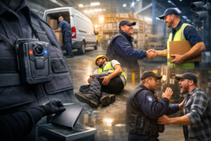 Vigilante com câmera corporal em operação logística registrando atividades dentro de galpão de armazenamento.