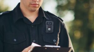 Close no peito de um vigilante usando câmera corporal (bodycam) acoplada ao uniforme preto enquanto segura prancheta.