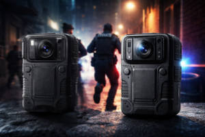 Bodycams profissionais em ambiente noturno de segurança, destacando a diferença entre imagem tremida e imagem estável.