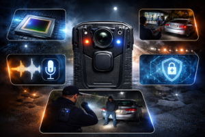 Bodycam profissional destacando recursos de gravação noturna, áudio limpo e proteção de evidências digitais