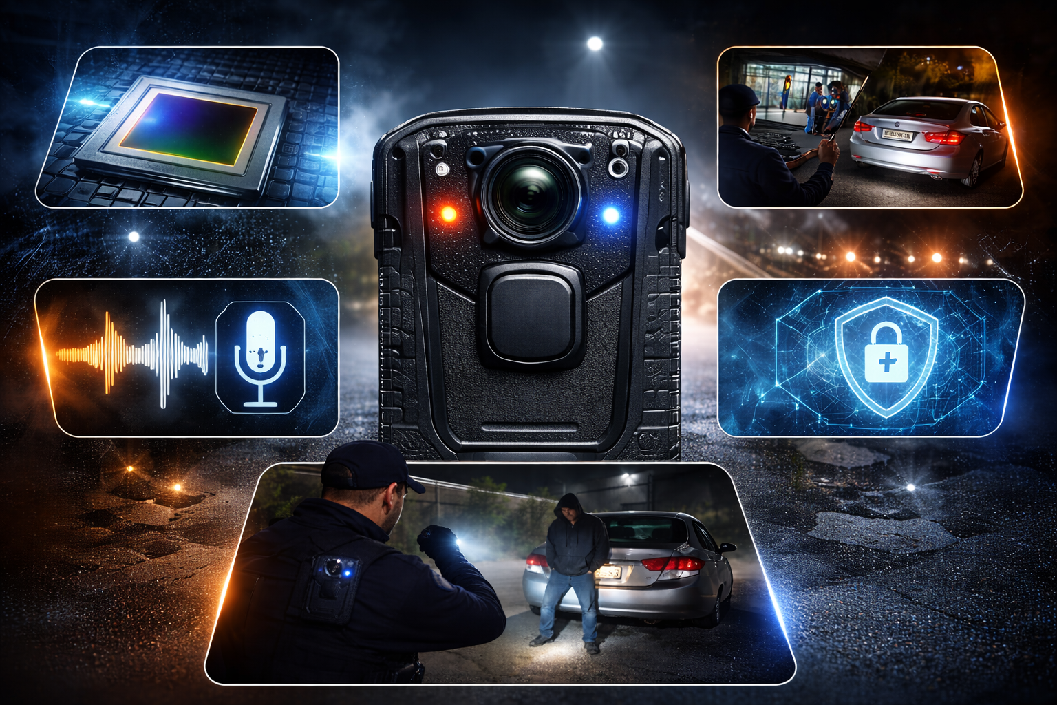 Bodycam profissional destacando recursos de gravação noturna, áudio limpo e proteção de evidências digitais