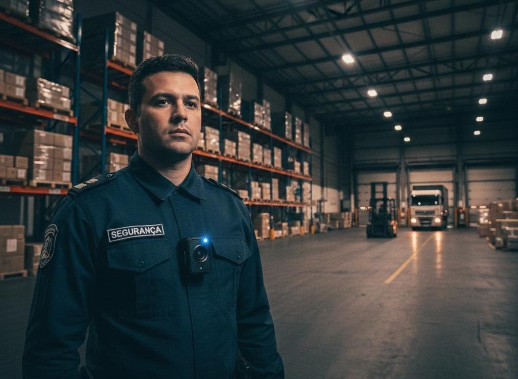 Vigilante em armazém logístico com câmera corporal em destaque no uniforme, transmitindo segurança e tecnologia.