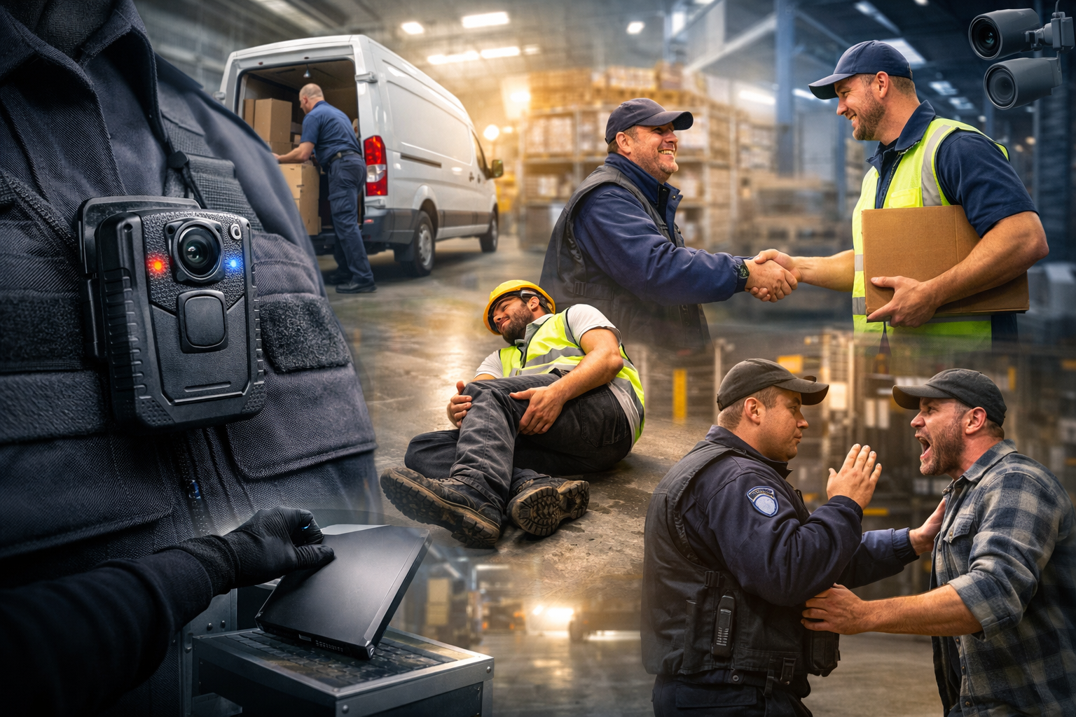 Vigilante com câmera corporal em operação logística registrando atividades dentro de galpão de armazenamento.